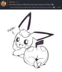 anthro ass ass_focus female joaoppereiraus kanna_(joaoppereiraus) large_ass looking_back nintendo pichu pokémon_(species) pokemon shortstack tail text thick_thighs