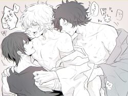 3boys bandages bare_chest blush from_behind gintama gintoki_sakata implied_anal implied_sex japanese_text looking_at_another looking_up male male_only mmm_threesome monochrome off_shoulder open_clothes sakamoto_tatsuma scars shiradano sketch sweat takasugi_shinsuke threesome upper_body yaoi