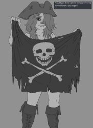 ambiguous_gender androgynous boots bottomless cottt(person) cottt(sona) covering_self femboy flag freckles hat hat_only jolly_roger long_hair looking_at_viewer monochrome naked nervous nervous_smile pirate pirate_flag pirate_hat smile solo