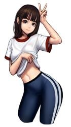 jungon_kim looking_at_viewer original original_character peace_sign shirt_lift short_hair slim_figure smiling_at_viewer standing tagme teenager tights