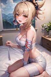 1girls ai_generated bandage bed bedroom big_breasts blonde_hair breasts cleavage female female_only genshin_impact hi_res looking_at_viewer nai_diffusion naked_bandage orange_eyes sitting smile stable_diffusion tattoo underwear yoimiya_(genshin_impact)