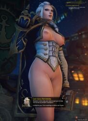 1girls 2018 3d blizzard_entertainment blonde_hair blue_eyes boralus corset dialogue human human_(world_of_warcraft) human_mage jaina_proudmoore kul_tiras large_breasts light-skinned_female light_skin looking_at_viewer mage_(warcraft) middle_finger proudmoore_admirality_banner proudmoore_admirality_symbol pussy solo valnoressa warcraft white_hair world_of_warcraft