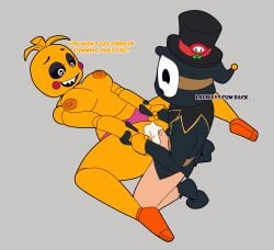 1boy 1girls anti_groove commission crossover female five_nights_at_freddy's full_body hat lying male mario_(series) missionary_position on_back shy_guy tagme thehoraco toy_chica_(fnaf) toy_chica_(love_taste)