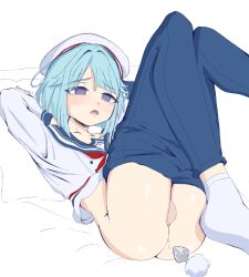 blue_hair buttplug crying crying_with_eyes_open ensemble_stars! femboy hajime_shino hi_res legs_up male_focus male_only male_penetrated nonude open_mouth pants_down plain_background punchypoowies purple_eyes questionable_consent sailor_uniform shiny_skin shirt_lift solo solo_focus solo_male trap uncensored white_background