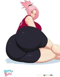 1girls ass ass_focus big_ass big_butt bike_shorts closed_eyes female female_only from_behind fully_clothed heavenly_butts large_ass looking_at_viewer naruto naruto_shippuden pink_hair sakura_haruno solo solo_female solo_focus white_background