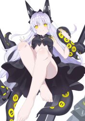 1girls accessory azur_lane black_dress feet hair_ornament hand_on_tentacle long_hair looking_at_viewer looking_down no_bra no_panties no_sex observer_alpha_(azur_lane) older_female pale_skin siren siren_(azur_lane) smile smiling smiling_at_viewer tentacle white_hair yellow_eyes