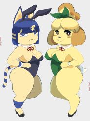 2girls animal_crossing ankha anthro big_breasts breasts canid canine canis cat_ears catgirl cleavage curvaceous curvy dog_ears dog_girl duo felid feline felis female female_only fur furry furry_only half-closed_eyes hi_res isabelle_(animal_crossing) medium_breasts nintendo shortstack tail thick_thighs thighs toonarscontent voluptuous