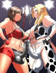 2futas balls big_balls big_breasts big_penis blonde_hair blue_eyes breasts brown_eyes brown_hair catfight censored clothed clothing cow_print dixie_clemets duo erection flashing_lights frottage fully_clothed futa_on_futa futa_only futanari handjob handjob_over_clothes human japanese_text large_penis light-skinned_futanari light_skin masturbating_futa masturbating_other masturbation masturbation_through_clothing mosaic_censoring penis regiman reiko_hinomoto rumble_roses sheriff_badge skin_tight standing staredown sweat sweating testicles wrestling wrestling_ring