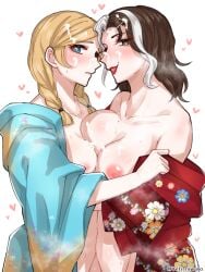 2girls annie_lester areolae artist_name big_breasts blonde_hair blue_eyes blush breast_size_difference breasts brown_eyes brown_hair clothes_pull demi_bourbon female female_focus heart identity_v kimono light-skinned_female light_skin looking_at_viewer medium_hair multicolored_hair multiple_girls nipples open_mouth small_breasts smile standing twintails white_background white_hair yeti_niwano