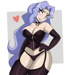 alternate_costume big_breasts black_panties blue_eyes blue_hair breasts choker corset female female_only gloves heart karen_(pokemon) nintendo panties pantyhose pokemon regentb01 solo thick_thighs zipper