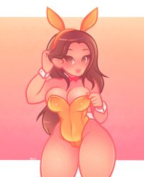 beauty_mark big_breasts big_lips blush bowtie breasts brown_eyes brown_hair brown_hair bunny_costume bunny_ears bunny_girl bunny_tail bunnygirl bunnysuit chubby chubby_female fishnets gold_clothing huge_thighs long_hair playboy_bunny round_breasts slightly_chubby thick_thighs wide_hips yellow_clothing zhar zharxart