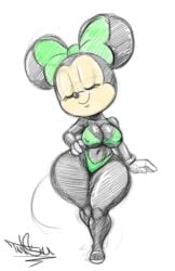 2023 bikini bikini_bottom bikini_top black_fur bow breasts cleavage disney female female_only furry minnie_mouse mouse sketch tansau thick_thighs thighs wide_hips