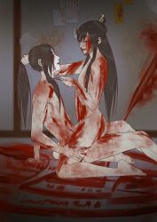 bishonen blood bloody covered_in_blood gay gay_sex gore knife_play long_hair long_hair_male male_only mo_dao_zu_shi naked nie_huaisang nude_male on_lap smile szaszkeh very_long_hair wei_wuxian yaoi