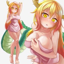 1girls barefoot blonde_hair breasts dragon_girl feet female laz_gm long_hair miss_kobayashi's_dragon_maid monster_girl orange_eyes solo thighs tohru_(dragon_maid) towel