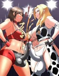 2futas balls big_balls big_breasts big_penis blonde_hair blue_eyes breasts brown_eyes brown_hair catfight censored clothed clothing cow_print cum cumming dixie_clemets duo ejaculation erection flashing_lights frottage fully_clothed futa_on_futa futa_only futanari handjob handjob_over_clothes human japanese_text jerkingoff_another large_penis light-skinned_futanari light_skin masturbating_futa masturbating_other masturbation masturbation_through_clothing mosaic_censoring penis regiman reiko_hinomoto rumble_roses sexfight sheriff_badge skin_tight standing sweat sweating testicles wrestling wrestling_ring yellow_cum