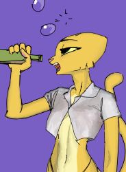 absurd_res drunk drunk_bubbles katia_managan khajiit shirt smile thong yellow_fur