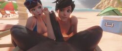 1boy 2girls 3d beach big_penis bikini brown_eyes brown_hair cleavage comparing_penis d.va dark-skinned_male dark_skin erection european_female eyewear_on_head facial_markings female forearm_cock huge_cock imminent_oral interracial male multiple_girls nude_male overwatch penis size_comparison straight summer sunglasses sunglasses_on_head threedust tracer