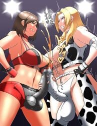 2futas balls big_balls big_breasts big_penis blonde_hair blue_eyes breasts brown_eyes brown_hair catfight censored clothed clothing cow_print cum cumming dixie_clemets duo ejaculation erection flashing_lights frottage fully_clothed futa_on_futa futa_only futanari handjob handjob_over_clothes human japanese_text jerkingoff_another large_penis light-skinned_futanari light_skin masturbating_futa masturbating_other masturbation masturbation_through_clothing mosaic_censoring penis regiman reiko_hinomoto rumble_roses sexfight sheriff_badge skin_tight standing sweat sweating testicles wrestling wrestling_ring yellow_cum