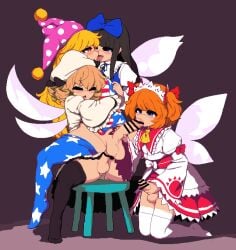 1girls 3futas american_flag american_flag_shirt balls bar_censor big_balls big_penis black_hair black_thighhighs blonde_hair blue_bow blue_clothing blue_eyes blush bottomless bow brown_hair censor_bar censored censored_penis chair closed_eyes clothed clothed_sex clothing clownpiece dress erection fairy_wings fellatio fellatio_while_penetrated female foursome french_kiss front_view full_body futa_on_female futa_on_futa futanari futanari_masturbation futasub genitals group_sex hair_bow hat headdress headgear hug human jester_cap kiss kissing kneeling large_penis light-skinned_female light-skinned_futanari light_skin long_hair long_sleeves luna_child masturbating_during_fellatio masturbation medium_penis mostly_clothed multiple_girls namako_(takorin) no_shoes on_floor open_mouth oral orange_hair penis pixel_art polka_dot receiving_oral_while_penetrated red_clothing red_hair reverse_suspended_congress sex sex_from_behind short_hair simple_background sitting smooth_balls smooth_penis star_(symbol) star_sapphire_(touhou) stockings stool sunny_milk takorin testicles thighhighs tongue tongue_out touhou white_clothing white_dress white_thighhighs wide_sleeves wings yellow_hair