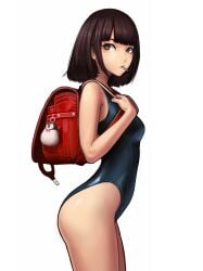 ass bag bangs jungon_kim lollipop_in_mouth looking_away one-piece_swimsuit short_hair slim_figure slim_waist small_breasts standing thighs