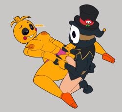 1boy 1girls anti_groove commission crossover female five_nights_at_freddy's fnaf full_body hat lying male mario_(series) missionary_position on_back shy_guy tagme thehoraco toy_chica_(fnaf) toy_chica_(love_taste)