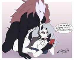 anthro ass_shake big_ass bored collar dark_grey_fur grey_hair gwizzly hellhound helluva_boss large_ass loona_(helluva_boss) male penetration phone prone_bone red_eyes red_phone rippling_ass spiked_collar straight thick_ass uninterested white_fur white_pupils