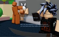 1girls 2boys 3d against_wall anal big_penis bunny_ears bunny_girl bunny_tail caught combat_warriors dialogue english_text fishnets muscular_male public questionable_consent roblox roblox_game robloxian self_upload sex smaller_female stupidsull sword tagme text watching