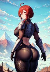 1girls 2023 ai_generated armor ass big_ass big_breasts blue_sky clouds day eris_greyrat forearm_armor hi_res latex_pants looking_at_viewer looking_back mature_female metal_gloves mountain mushoku_tensei mushoku_tensei:_isekai_ittara_honki_dasu outdoors red_hair seductive_look short_hair shoulder_armor sky slutty_outfit