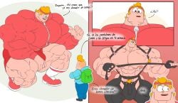 blonde_hair bulge duolingo eddy_(duolingo) flaccid human leather_clothing leather_gloves leather_pants male_focus male_only muscular muscular_male remert solo_male spanish_text