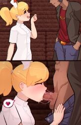 anotherpicq arms_dealer arms_dealer_(terraria) blonde_hair drooling nurse nurse_(terraria) oral oral_sex original sex terraria