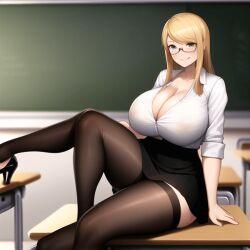 3_legs 4_legs ai_generated bakunyuu black_footwear black_heels black_skirt blonde_hair blush chalkboard classroom cleavage confusing_perspective curvy_female deep_cleavage depth_of_field desk facing_viewer glasses heels high_heels huge_breasts legwear looking_at_viewer megane metroid miniskirt multi_leg multi_limb nintendo on_desk pleated_skirt samus_aran school_desk sitting sitting_on_desk skirt smile smiling stockings straight_hair teacher thick_thighs thighhighs white_shirt white_skirt