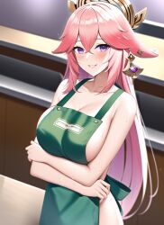 ai_generated apron big_breasts blush blush breasts coffee_shop crossed_arms genshin_impact green_apron looking_at_viewer nai_diffusion pink_hair purple_eyes smile smiling stable_diffusion yae_miko