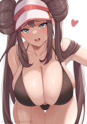 1girls alternate_breast_size bikini black_bikini blue_eyes blush breasts brown_hair cleavage female hat horny huge_breasts large_breasts leaning_forward light-skinned_female light_skin long_hair mandytsune nintendo pokemon pokemon_bw2 rosa_(pokemon) sweat twin_buns twintails