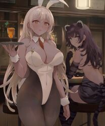 2girls big_breasts bunny_ears bunnysuit chowbie dark-skinned_female dark_skin original original_character tights