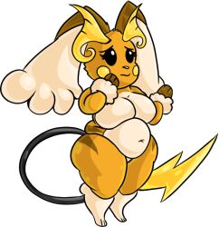 anthro big_breasts black_nose black_sclera breasts chubby chubby_female closed_mouth featureless_breasts female female_only fur fusion hybrid lagomorph lopunny mad_n_evil mammal nintendo nude nude_female pokémon_(species) pokemon pokemon_(species) raichu raichu-lopunny simple_background slightly_chubby solo solo_female tail thick_thighs white_background wide_hips worried_expression