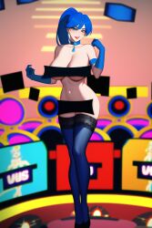 1girls 2023 ai_generated bare_midriff bare_shoulders blue_eyes blue_gloves blue_hair blue_hair_female blue_high_heels blue_stockings blue_thighhighs breasts_out canon_costume censor_bar censored choker clavicle edited elbow_gloves female framed_breasts gameshow heels high_heels long_hair long_hair_female lucy_(whacked!) makeup navel novel_ai novelai ponytail red_lipstick sidelocks smiling_at_viewer smooth_skin sole_female solo_female solo_focus stable_diffusion stage stockings teeth_showing thighhighs video_game video_game_character whacked!