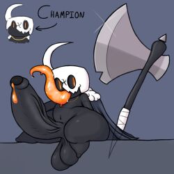 anthro arrow_sign arthropod ass axe axoarts balls big_balls big_butt big_penis black_body digital_media_(artwork) english_text front_view genitals hollow_knight horn huge_cock insects long_tongue male orange_eyes orange_tongue penis sitting solo team_cherry text thick_thighs tongue vein veiny_penis vessel_(species) weapon