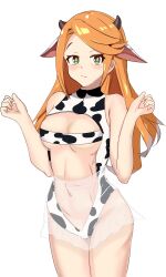 1girls absurdres animal_ears animal_print bare_arms bare_midriff bare_shoulders bare_thighs blush breasts cleavage commentary_request cow_ears cow_girl cow_horns cow_print cowboy_shot etie_(fire_emblem) female female_only fire_emblem fire_emblem_engage green_eyes hands_up highres horns kemonomimi_mode leotard long_hair looking_at_viewer medium_breasts midriff navel nightgown nintendo orange_hair see-through shincito simple_background solo standing stomach thighs underboob white_background