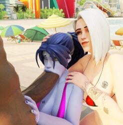 1boy 2girls 3d ashe_(overwatch) big_penis blenderdemon dark-skinned_male dark_skin fellatio female interracial large_penis male overwatch penis queen_of_spades spade_tattoo tattoo widowmaker