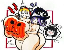 1boy 2girls absurd_res areolae blair_(soul_eater) bodypaint breast_fondling breast_size_difference commission curvy curvy_female hat large_breasts looking_at_breasts mixed_hair_color mr.ctm naked nosebleed original_character pumpkin pumpkin_boobs purple_hair simple_background soul_eater surprised