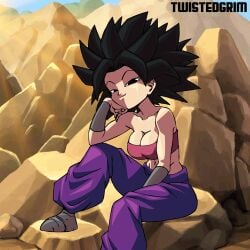 1girls 2d animated black_eyes black_hair breasts caulifla clothing convenient_censoring dragon_ball dragon_ball_super female female_only female_saiyan gif outdoors sitting solo teenager tongue_out twistedgrim undressing