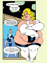 1boy 1girls bbw belly big_belly big_breasts blonde_hair blue_eyes boob_window breasts chubby cleavage fantastic_four female female_focus human human_only husband_and_wife inks-kinks invisible_woman light-skinned_female light-skinned_male light_skin male marvel mature mature_male morbidly_obese mr_fantastic obese obese_female overweight overweight_female plump reed_richards straight sue_storm sue_storm_90s_costume superhero superheroine text thick_thighs wide_hips