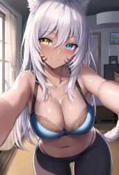 1girls ai_generated bra breasts casual cat_ears cat_tail catgirl cleavage dark-skinned_female dark_skin facial_markings final_fantasy final_fantasy_xiv heterochromia large_breasts miqo'te miyuki_mochizuki miyukiva nai_diffusion stable_diffusion