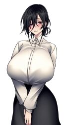 1girls bakunyuu bangs beauty_mark birthmark black_bra black_hair black_hair_female black_jacket black_skirt blank_background blush blushing_at_viewer bra bra_visible_through_clothes breasts camui_kamui_(hz_666v) cleavage collared_shirt enormous_breasts eyelashes female female_focus female_only fully_clothed fully_clothed_female hair_between_eyes hi_res high-waist_skirt high_resolution highres huge_breasts huge_cleavage light-skinned_female light_skin long_skirt long_sleeve_shirt long_sleeves looking_at_viewer massive_breasts mole mole_under_eye mole_under_mouth original own_hands_together plain_background shirt short_black_hair short_hair short_hair_female showing_teeth simple_background skirt smile smiling_at_viewer solid_color_background solo standing standing_female top_heavy top_heavy_breasts voluptuous voluptuous_female white_background white_collar white_shirt