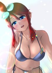 artist_request big_breasts bikini blue_eyes brown_hair cleavage hadairo_rainbow latina nintendo pokemon side-tie_bikini skyla_(pokemon) water wet