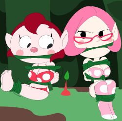 2girls annoyed bikini bondage brittany_(pikmin) cleave_gag feet glasses glasses_on_head lisa_(pikmin_4) multiple_girls nintendo pikmin pikmin_(species) pikmin_3 pikmin_4 pink_hair red_hair red_pikmin redstheatre stockings struggling tied_up