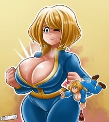 1girls 2d ashley_graham ashley_graham_(ella_freya) bethesda_softworks big_breasts blonde_hair blue_eyes capcom cleavage crossover crossover_cosplay fallout female female_only light-skinned_female pummies resident_evil resident_evil_4 resident_evil_4_remake sweat sweaty_breasts thick_thighs vault_dweller_(cosplay) vault_suit