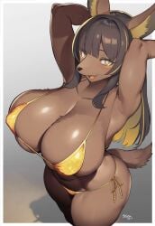 2023 anthro anubian_jackal armpits big_breasts bikini blush breasts canid canine canis cleavage clothed clothing digital_media_(artwork) female female_anthro fur hair hi_res huge_breasts jackal kemono looking_at_viewer mammal nipple_outline shirokoma solo swimwear tail