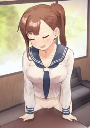 bangs blue_neckerchief blue_sailor_collar blush bottomless braid breasts censored cleavage closed_eyes collarbone couch crotch_rub female female_masturbation heart heart_censor highres kotobuki_hisako kunabishi large_breasts long_hair long_sleeves masturbation neckerchief open_mouth sailor_collar seitokai_nimo_anawa_aru! shirt side_ponytail solo table table_humping white_shirt