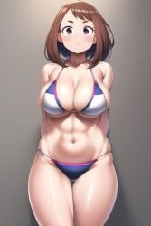 1girls ai_generated bikini brown_background highres large_breasts my_hero_academia nai_diffusion ochako_uraraka rubycks shiny_skin shounen_jump stable_diffusion tagme toned_female